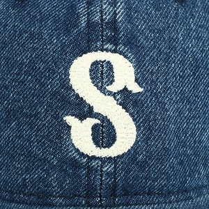 Indigo washed denim baseball cap featuring vintage gothic letter S embroidery