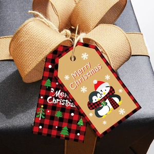 Christmas kraft paper gift tags with penguin and buffalo check pattern for holiday packaging