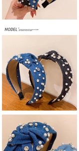 Detail view of denim knotted headbands featuring pearls and sparkling rhinestones inlay