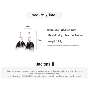 Detailed size info for heart rhinestone earrings with long black feathers and alloy frame