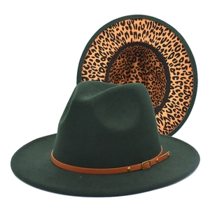 Detail view of dark green wool felt jazz hat with leopard lining and studded leather belt