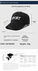 Size guide for unisex cotton baseball cap showing 56-60cm circumference and dimensions