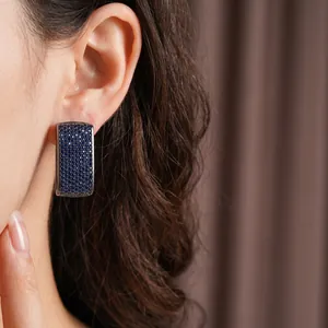 Vintage rectangular double-layer drop earrings with micro-paved blue zircon in gunmetal finish