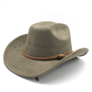Detail of khaki suede fedora hat featuring woven leather band and fine stitching crafts
