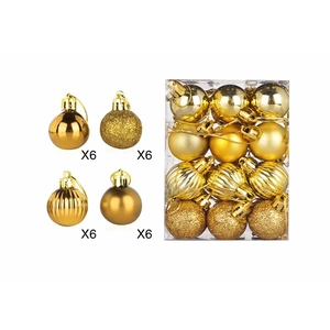 24pcs Gold Christmas ornaments set with gloss, matte, glitter and ribbed plastic spheres