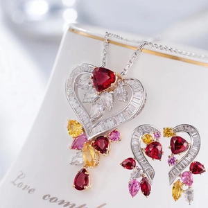 Luxury Copper Heart Shaped Colorful Gemstone Jewelry For Women Multicolor Rhinestone Pendant Necklace Stud Earrings