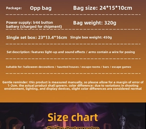 Technical specs of glowing Halloween witch with sound and adjustable wire arms