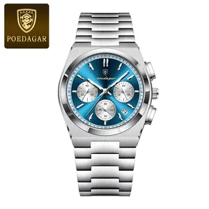 Poedagar men's chronograph watch with blue sunray dial and silver stainless steel strap