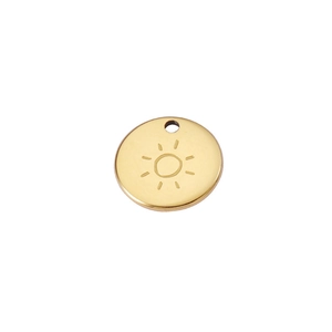Detailed close-up of 18K gold-plated stainless steel round sun pendant with mirror finish