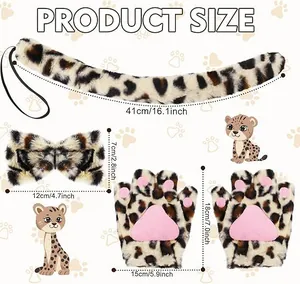 Size chart for leopard faux fur animal costume set with tail bow and paw gloves