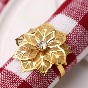 Detailed close-up of golden flower napkin ring with crystal center and mesh petals