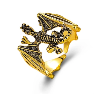 Vintage gold flying dragon ring with antique finish and adjustable open wrap band