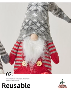 Detail of a Christmas gnome with grey knit hat, white beard, and wooden buttons decoration