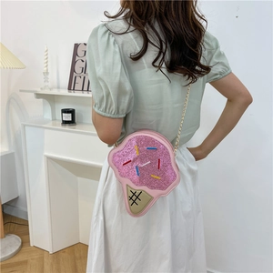 Cute pink ice cream cone shaped crossbody bag with colorful glitter and gold chain strap