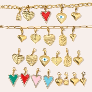 Golden titanium steel heart charms and necklaces with colorful enamel and rhinestones