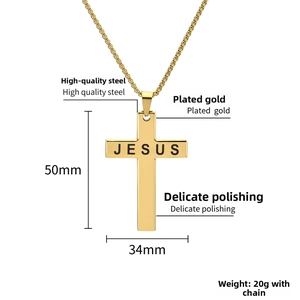 Détail du pendentif croix en acier titane avec gravure JESUS et dimensions 50x34 mm