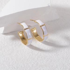 18K gold plated titanium steel bamboo C-shape earrings with white enamel inlay
