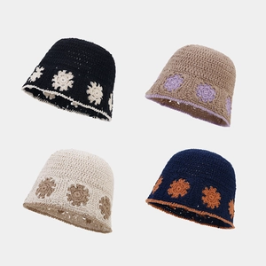 Women Crochet Bucket Hat Handmade Cotton Hollow Out Floral Pattern Sun Protection Summer Beach Travel Fisherman Hat Retro