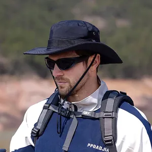 Outdoor breathable wide brim sun hat with adjustable chin strap for hiking and fishing