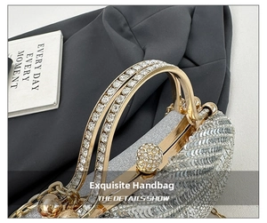 Macro detail of silver sequin evening bag with rhinestone-encrusted handle and spherical clasp