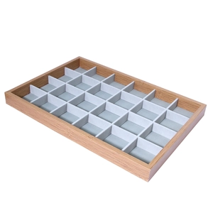 24-compartment wooden jewelry display tray with grey velvet lining for rings and earrings