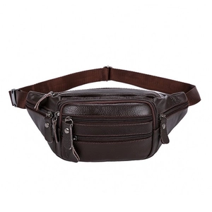 Water-resistant dark brown leather waist bag with multiple zippers and adjustable strap