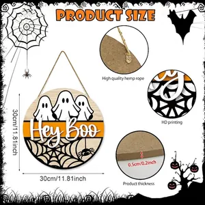 Hey Boo Halloween ghost round wooden door sign with spider web and hemp rope hanger