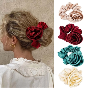 Elegant Large Satin Rose Flower Scrunchie Handmade Fabric Floral Hair Tie Elastic Hair Band For Women Girls Fashion Headwear
