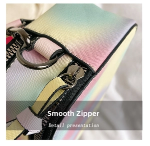 Close-up of smooth metal zipper and rainbow gradient crossgrain leather on a camera bag