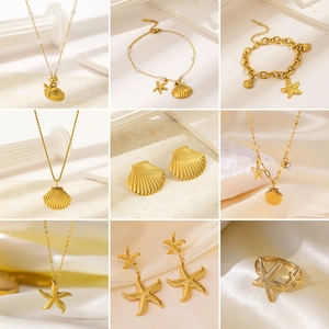 Detail view of 18k gold plated stainless steel starfish and seashell jewelry set with pearls