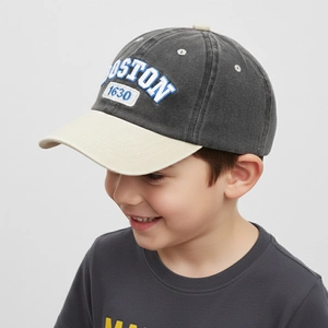 Kids vintage washed baseball cap in dark grey and cream with Boston 1630 embroidery