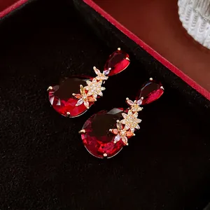 Vintage red waterdrop earrings with silver needle, luxury zircon flower stud design