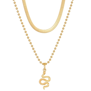 Double-layered gold titanium steel necklace featuring a snake pendant and herringbone chain
