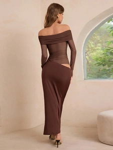 Elegant brown off-shoulder long sleeve dress featuring waist cut-out and a slim fit back view