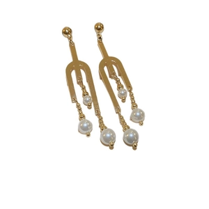 Minimalist gold fork earrings with white pearls in a creative geometric drop design