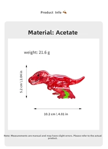 Detailed size chart for red cellulose acetate dinosaur hair claw clip with measurements