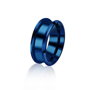 Detail of 8mm blue stainless steel ring with double beveled grooves and mirror finish
