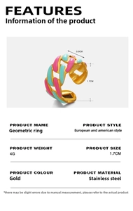 Detailed specs of pink and teal enamel chain link ring in gold-plated stainless steel
