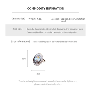 Detailed size specifications of the zircon oval pearl open ring in silver tone