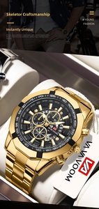 Detail of gold men's watch featuring a black dial, skeletal design and tachymeter bezel