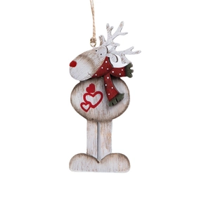Vintage wooden reindeer Christmas ornament with red heart details and jute string hanger