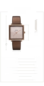 Detailed dimensions of retro square watch with leather strap and 31mm rose gold case