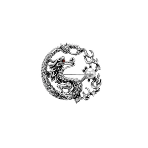 Vintage Chinese dragon brooch in antique silver finish with pearl and crystal rhinestones