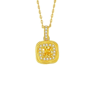 Gold plated square yellow crystal necklace with halo diamonds and twisted rope border