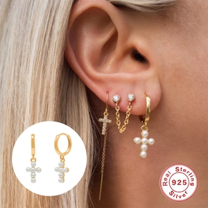 S925 Sterling Silver Gold Cross Hoop Earrings with White Pearls for Women