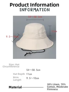 Size chart for linen cotton sun hat showing dimensions 54-58.5cm and material details