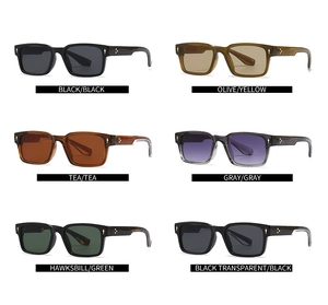 Six assorted colors of vintage square sunglasses with classic rivet details on white background
