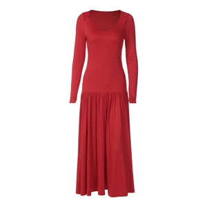 Detail view of red V-neck maxi dress with pleated shoulders and elegant long sleeves