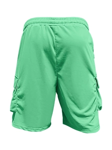 Detail view of mint green cargo shorts featuring elastic waistband and large rear pockets