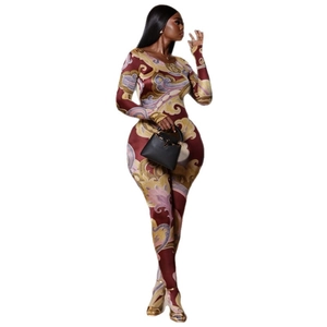 Slim fit long sleeve bodysuit with vintage paisley print in burgundy and gold tones